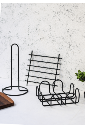 3'lü Siyah Nihale Peçetelik Havluluk Seti Black Rengi Paslanmaz Çelik Mutfak Servis Sunum Takımı